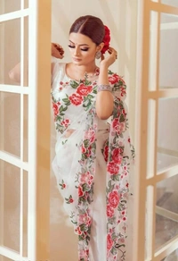 AAGAM Organza Silk Shaded Multi Thread Work White Sarees With 2 blouse Pieces - Free Size, White, Organza, Pack of1